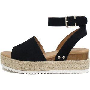 Women Black Open Toe Buckle Ankle Strap Espadrilles Flatform Wedge Casual Sandal